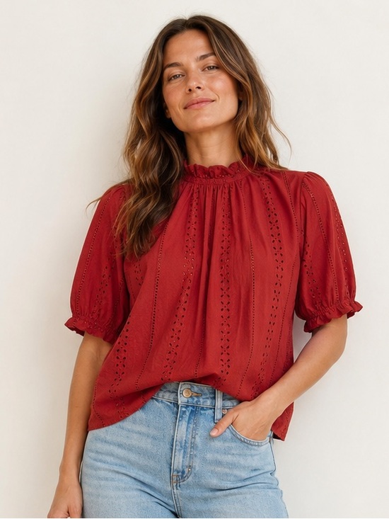 Universal Thread Tops - Universal Thread Eyelet Lace Ruffle Short Sleeve Blouse Burnt Orange